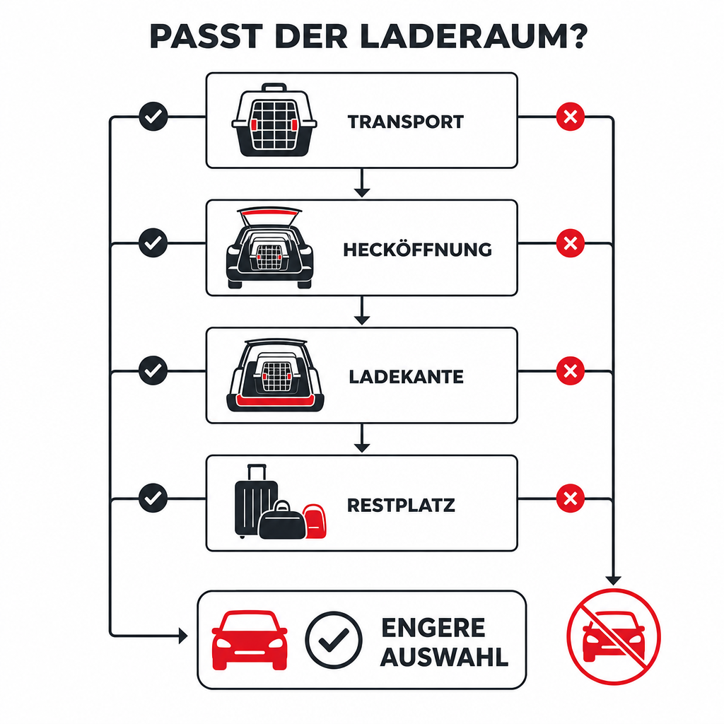Entscheidungsbaum zur Pruefung von Hundebox, Ladekante, Ladeboden, Sicherung und Gepaeck im Gebrauchtwagen.