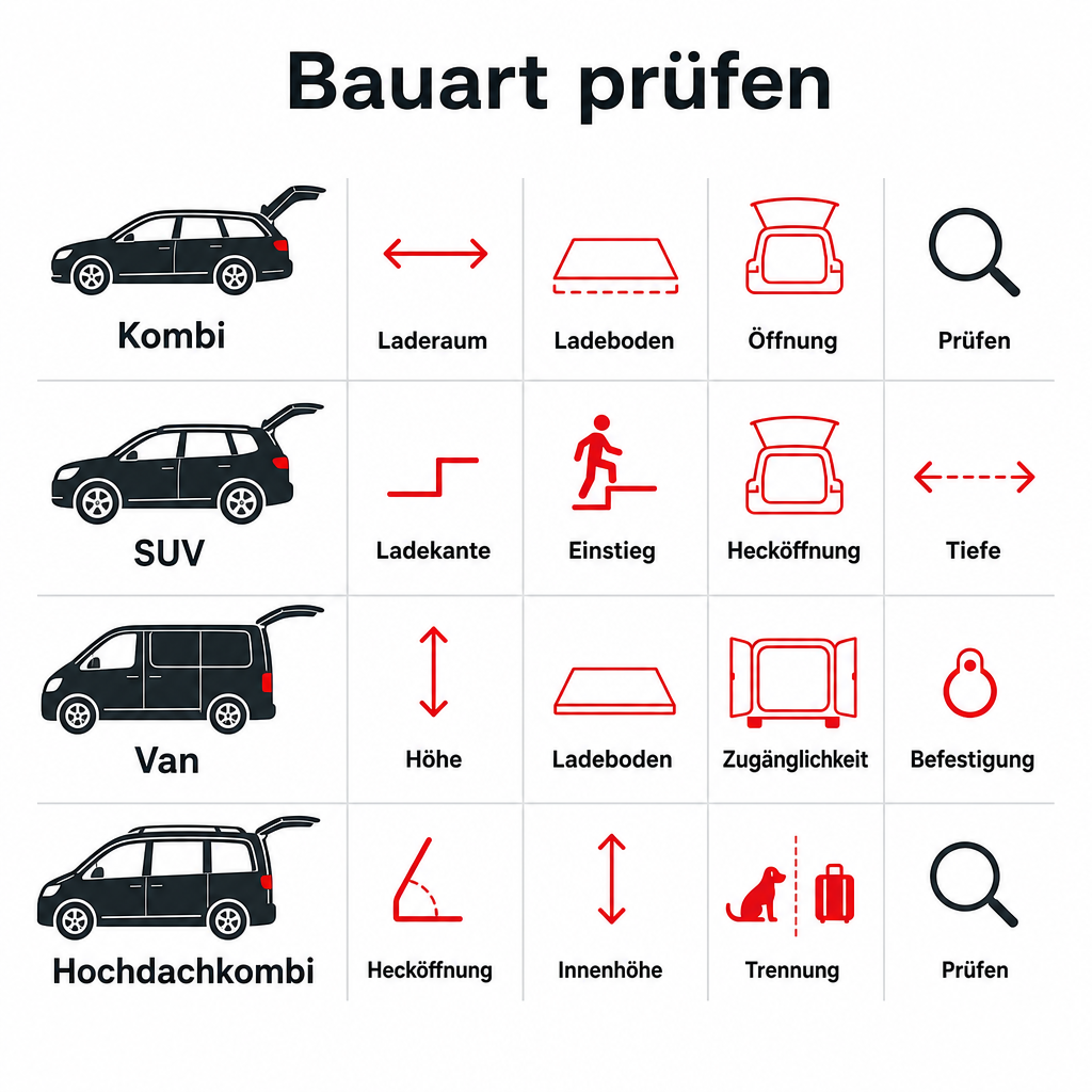 Matrix mit Pruefkriterien fuer Kombi, SUV, Van und Hochdachkombi beim Transport von Hund und Gepaeck.