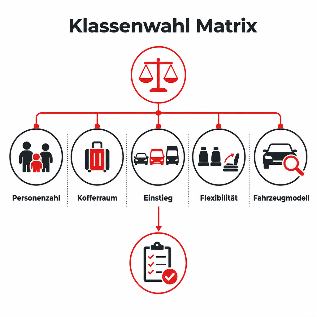 Matrix mit Kriterien wie Personenzahl, Kofferraumbedarf, Einstieg, Innenraumflexibilitaet und Fahrzeugmodell fuer die Wahl der passenden Fahrzeugklasse.