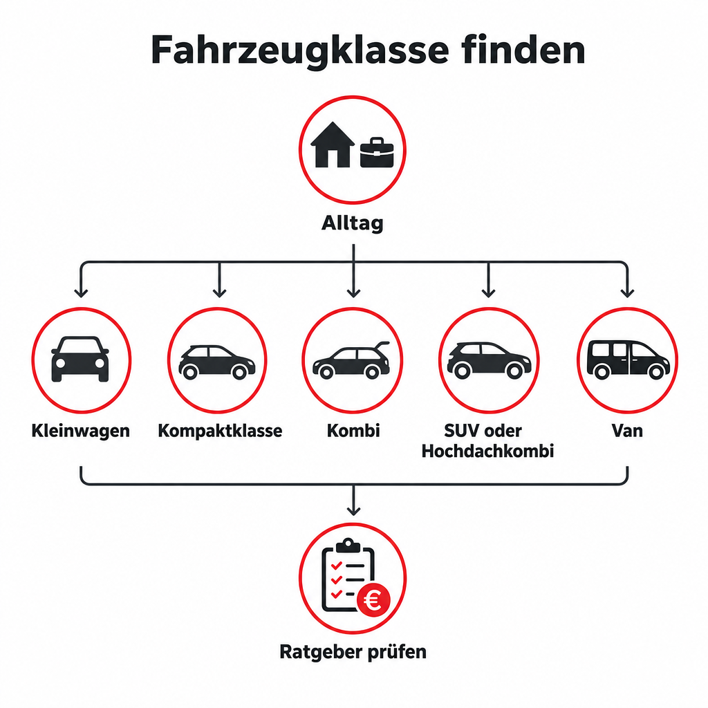 Entscheidungsbaum, der typische Alltagsanforderungen den Fahrzeugklassen Kleinwagen, Kompaktklasse, Kombi, Hochdachkombi, SUV und Van zuordnet.