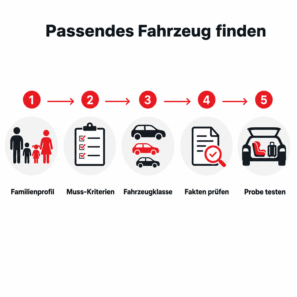 Prozessgrafik mit fuenf Schritten von der Familienanforderung zum geprueften Gebrauchtwagen.