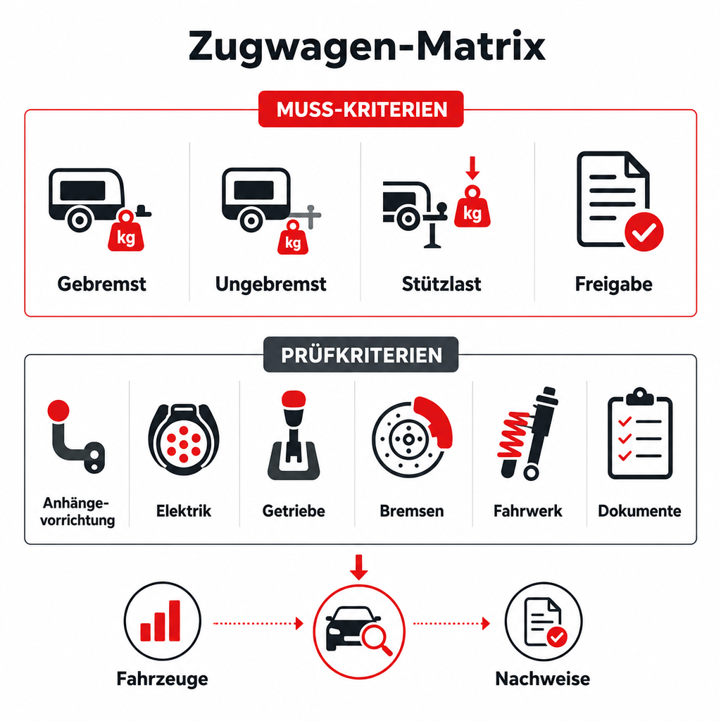 Matrix zur Bewertung von Gebrauchtwagen fuer Anhaengerbetrieb nach Pflichtwerten, Pruefkriterien und externem Kontext.
